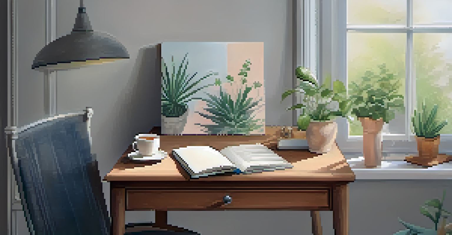 A cozy workspace corner with a chair, a cup of tea, and a journal, surrounded by plants in soft pastel colors.