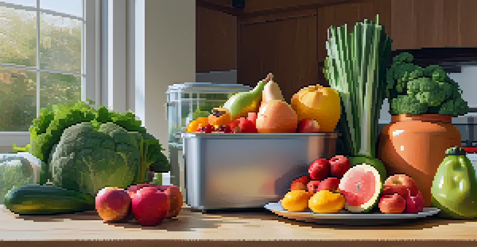 A vibrant kitchen table filled with seasonal fruits and vegetables, with eco-friendly meal prep items and a yoga mat in the background.