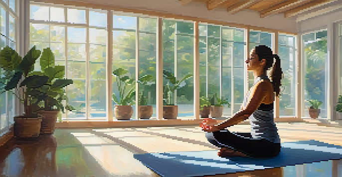 A person practicing deep breathing in a serene yoga studio filled with natural light and indoor plants.