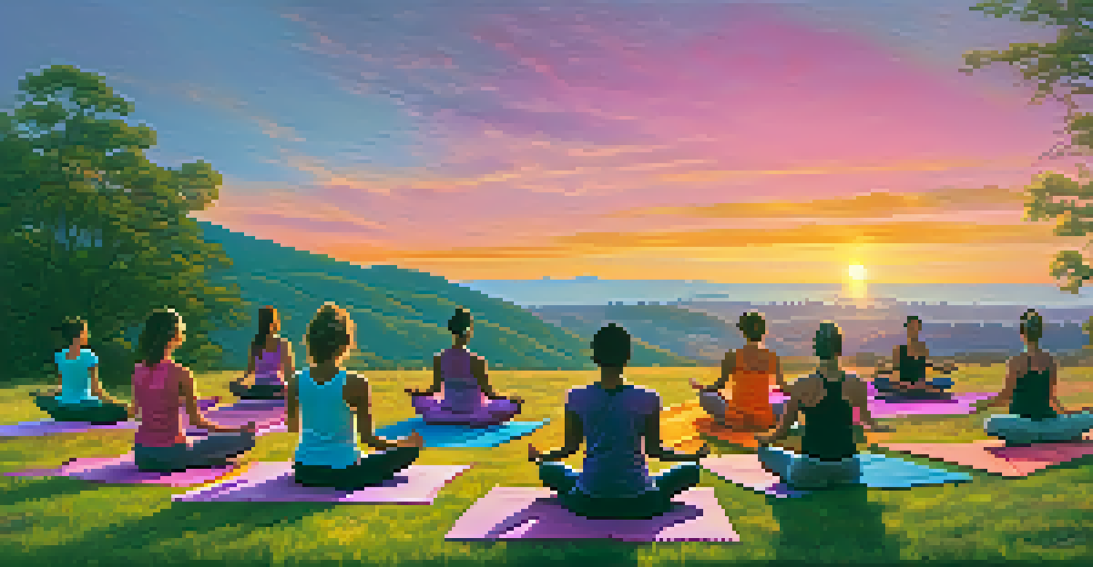 A group of people practicing yoga poses on a hillside at sunset, with colorful sky and one person in a balancing pose.