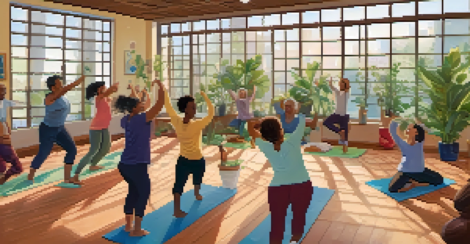 Participants in a calm indoor laughter yoga session, engaging in stretching and laughter exercises in a peaceful environment.