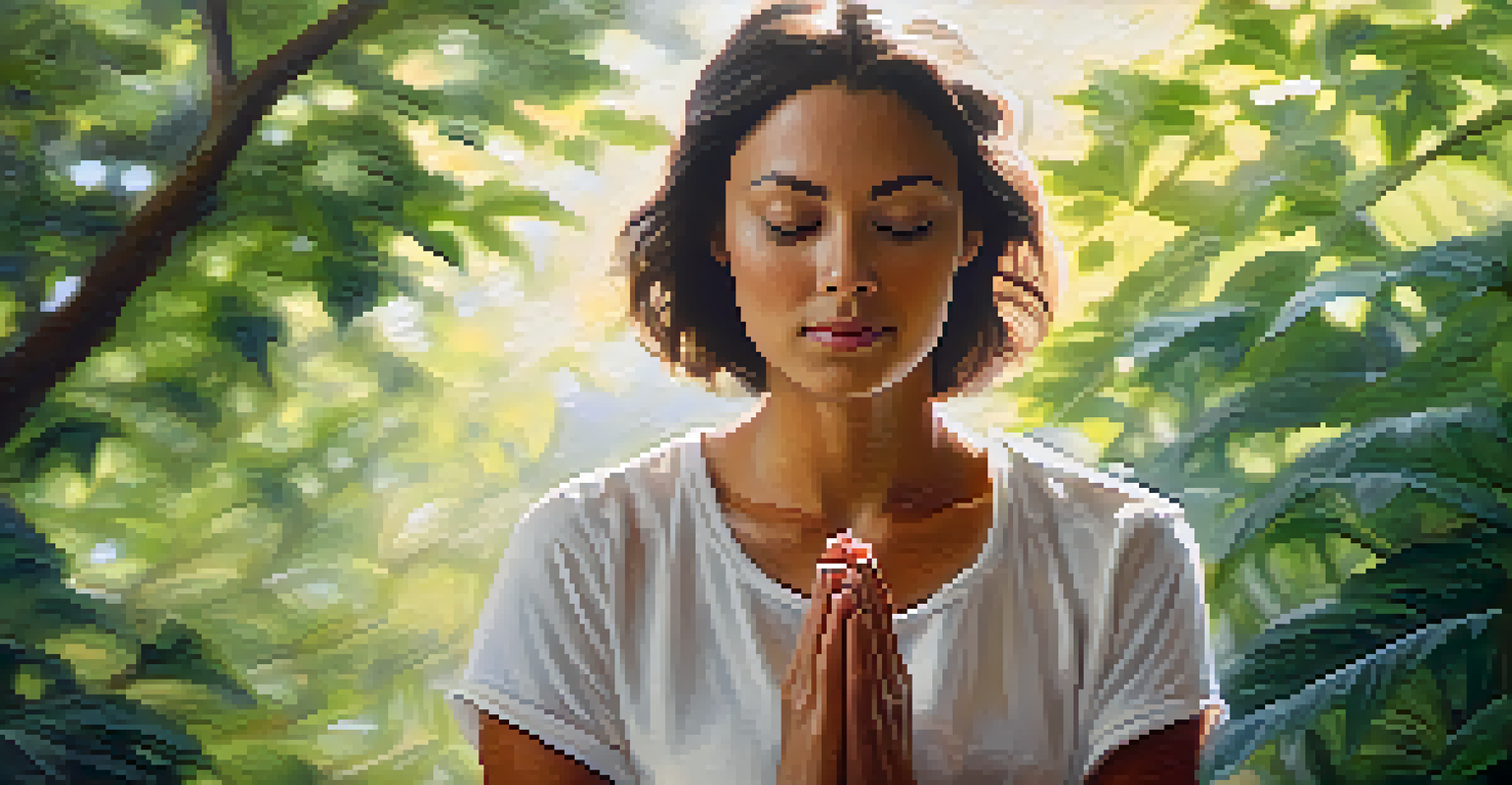 A close-up of a person's hands in a meditative gesture, with a serene face in a natural setting.
