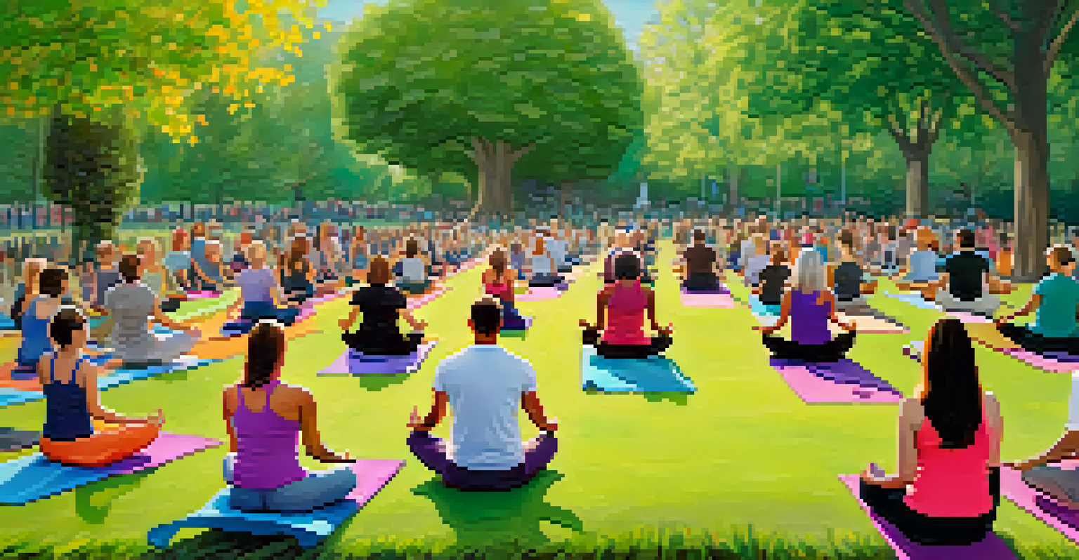 A community yoga class in a park with diverse participants practicing on eco-friendly mats, surrounded by flowers and trees.