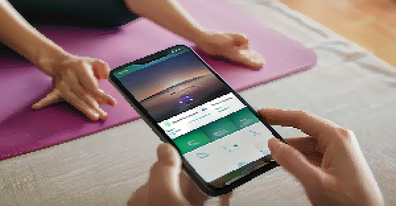 Close-up of hands in a yoga pose with a smartphone showing a yoga app.