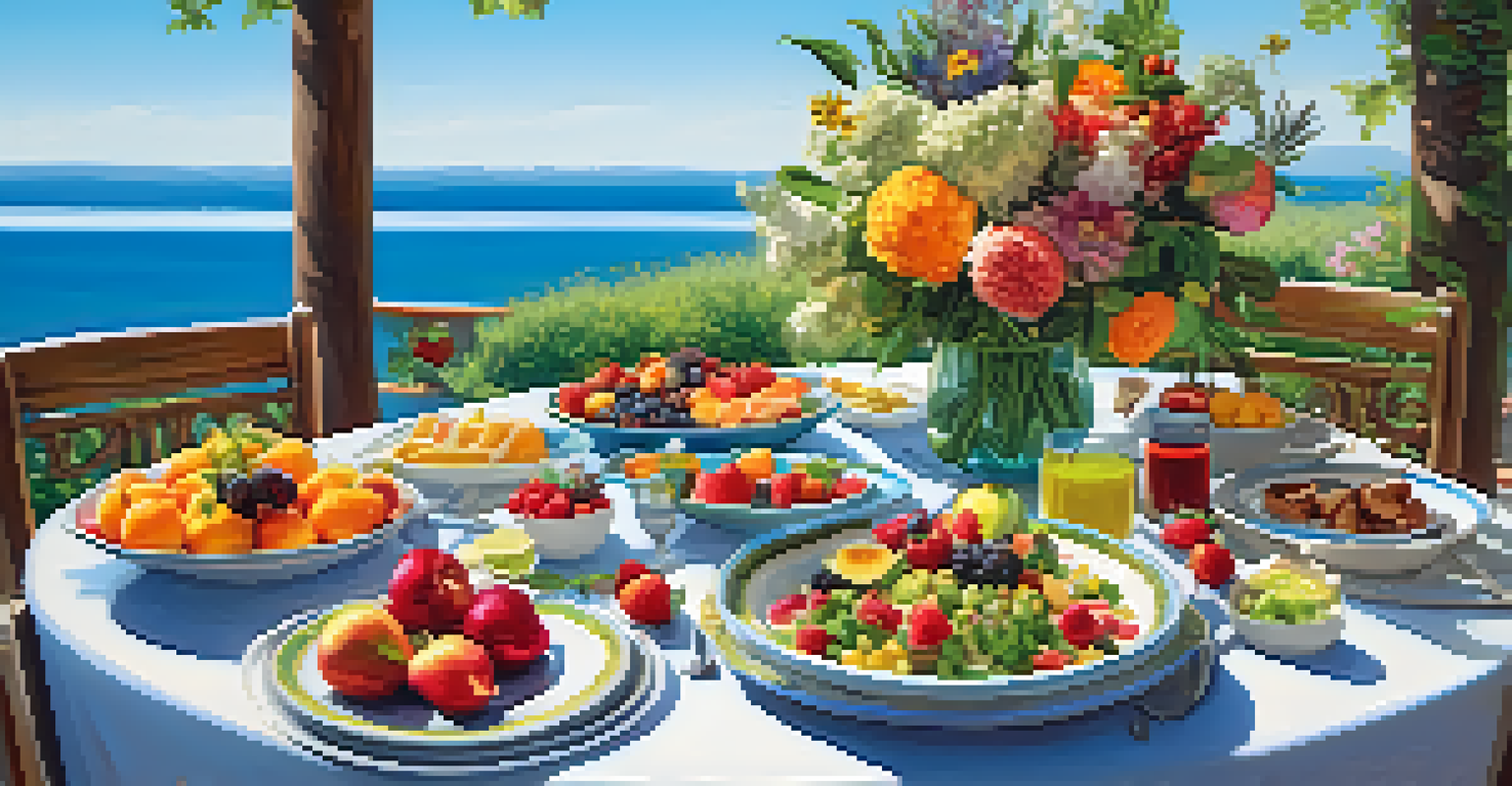 An outdoor dining table set with vibrant organic dishes for a yoga retreat meal.