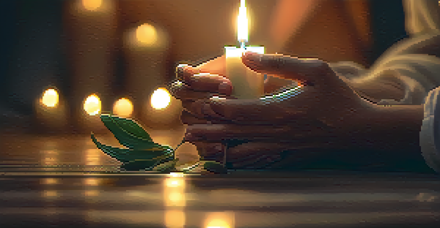 Close-up of hands in a mudra position during meditation, with a softly blurred background of a candle and plant.