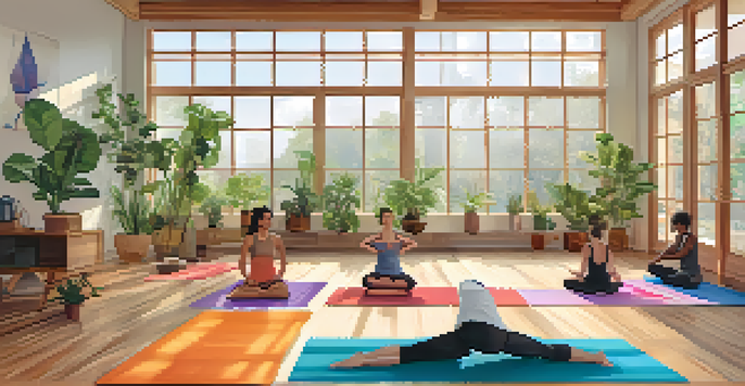 A tranquil yoga studio with individuals practicing yoga poses, surrounded by plants and warm lighting.