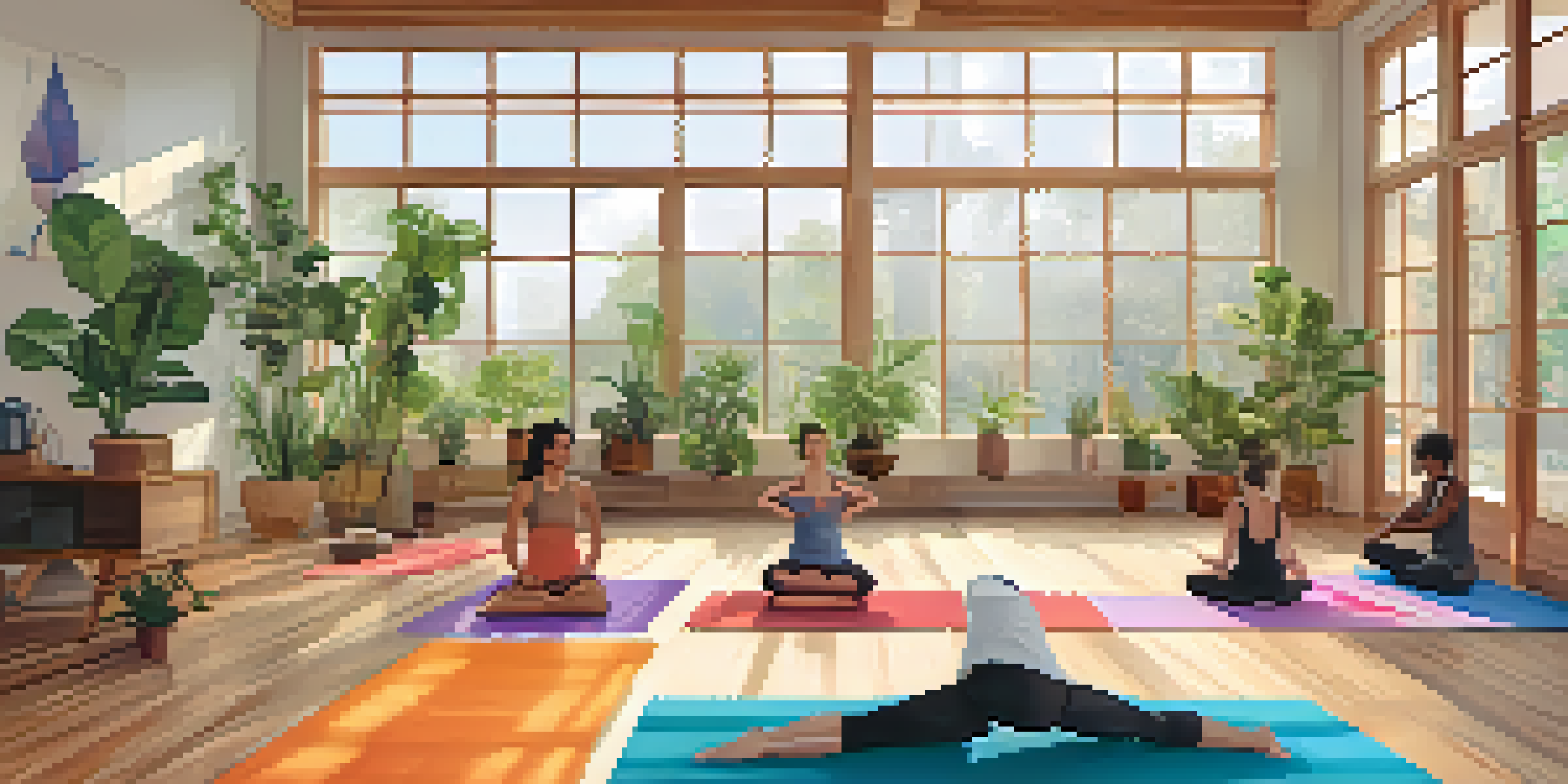 A tranquil yoga studio with individuals practicing yoga poses, surrounded by plants and warm lighting.