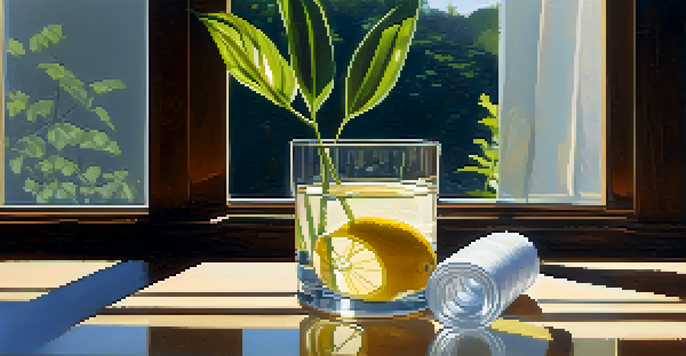 A glass of water with a lemon slice on a wooden table, sunlight illuminating the scene, with a yoga mat and a potted plant in the background.