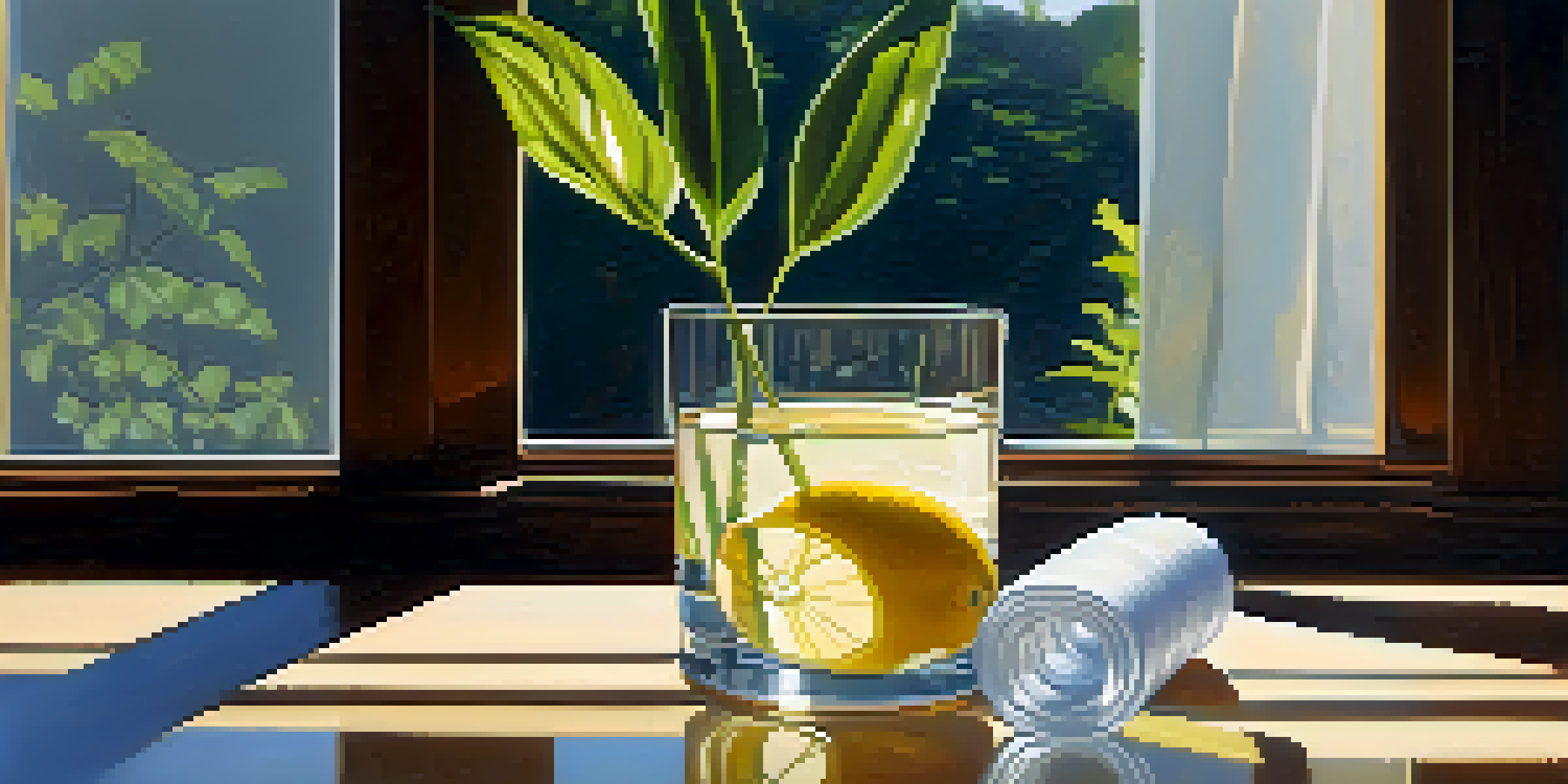A glass of water with a lemon slice on a wooden table, sunlight illuminating the scene, with a yoga mat and a potted plant in the background.