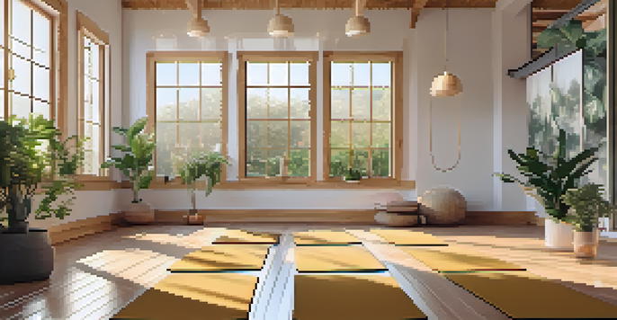 A tranquil yoga studio featuring eco-friendly mats and organic cotton straps, with sunlight streaming through the window and potted plants around.