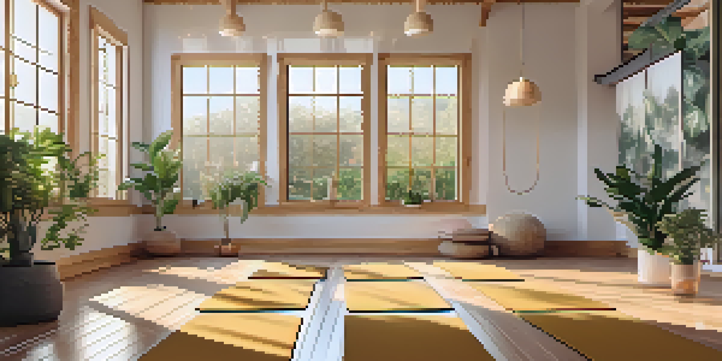 A tranquil yoga studio featuring eco-friendly mats and organic cotton straps, with sunlight streaming through the window and potted plants around.