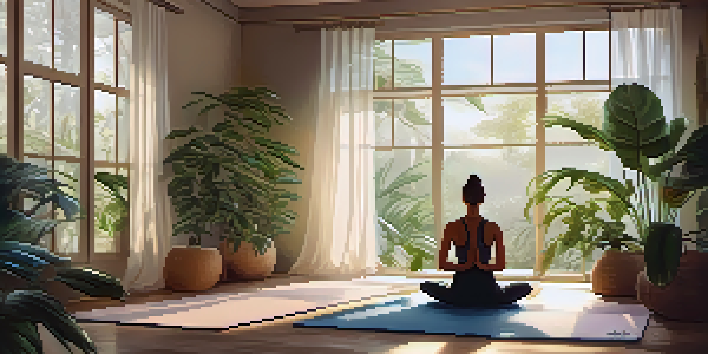 A person practicing yoga in a peaceful indoor environment with plants and soft lighting.
