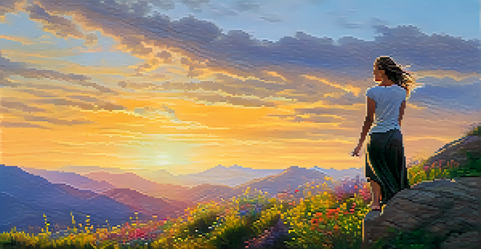 A woman in Warrior I yoga pose on a mountain top at sunrise, with colorful skies and wildflowers in the foreground.