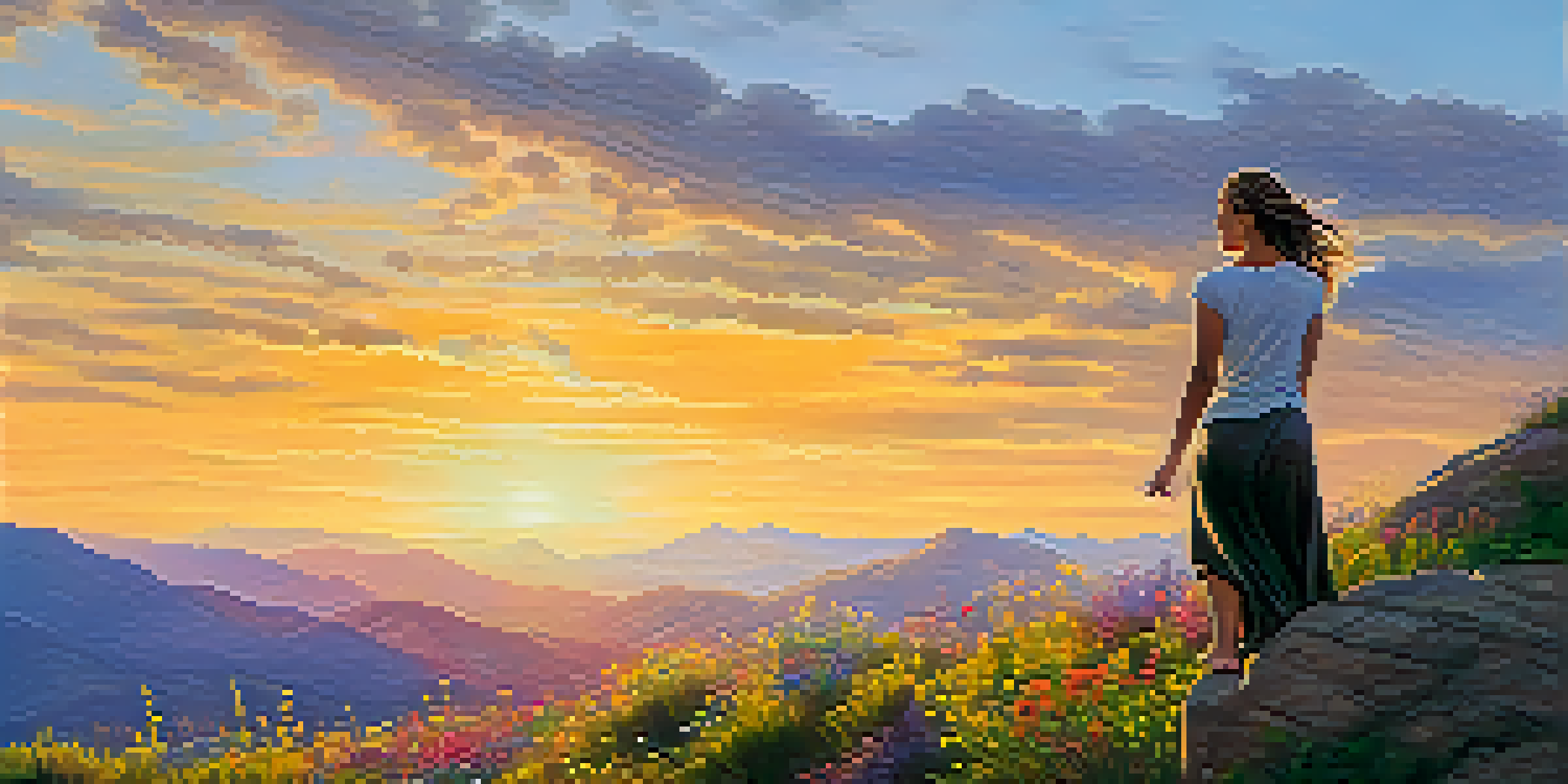 A woman in Warrior I yoga pose on a mountain top at sunrise, with colorful skies and wildflowers in the foreground.