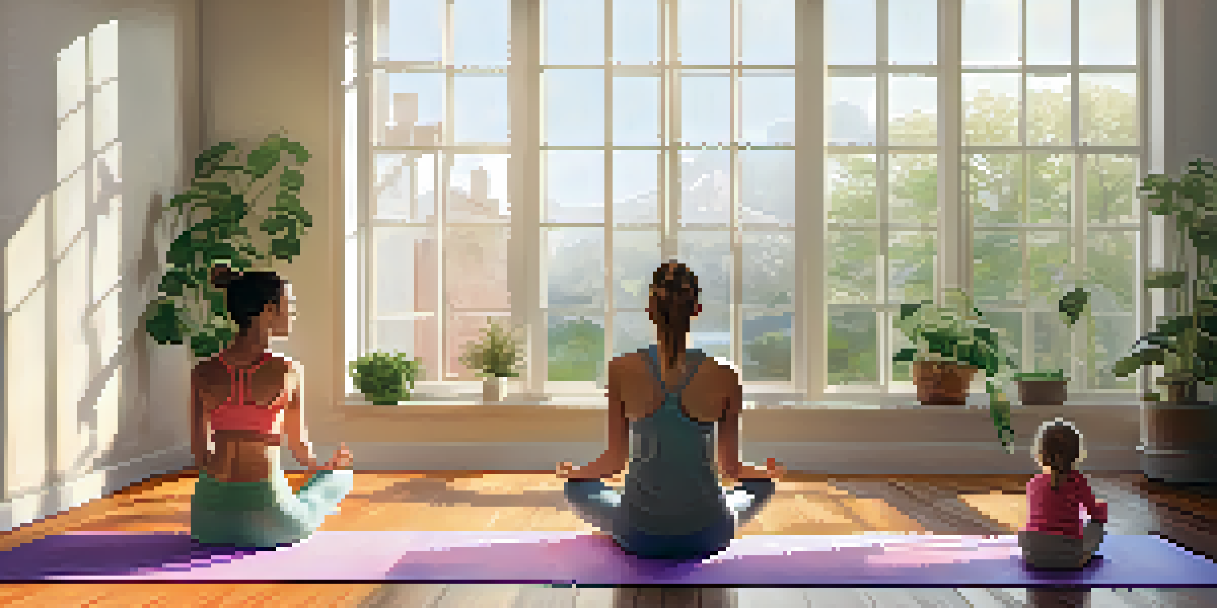 A mother and her two children practicing yoga together in a bright living room with sunlight streaming through the windows.