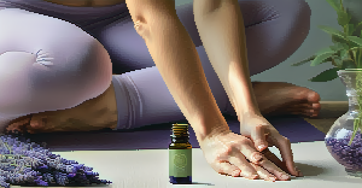 A close-up of hands applying lavender essential oil on wrists, with a yoga mat and soft lighting in the background.