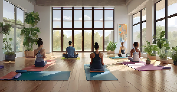 A peaceful yoga studio with sunlight streaming in, where diverse athletes perform yoga poses on mats.