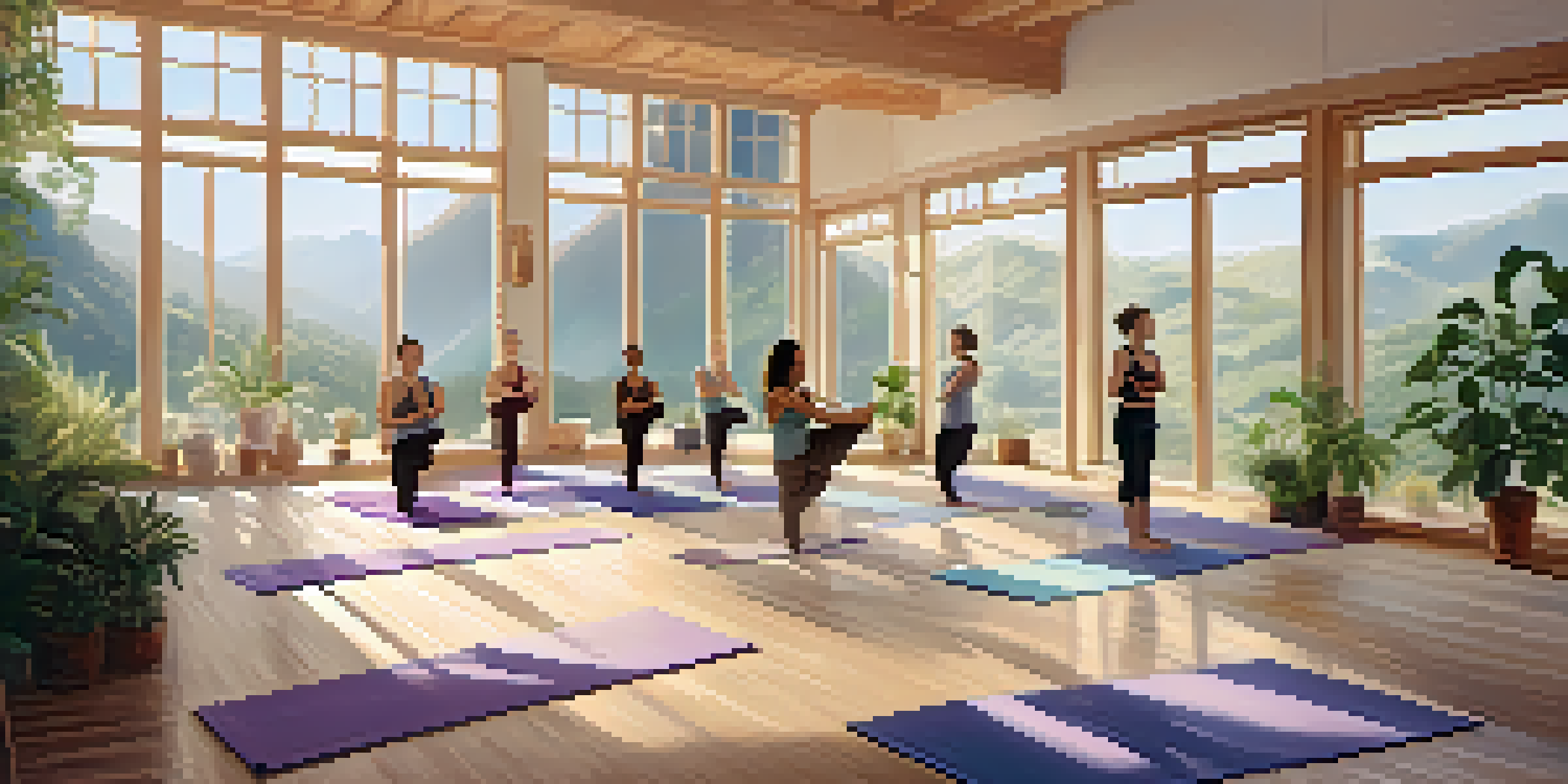 A yoga studio filled with natural light, featuring a diverse group practicing Mountain Pose on colorful mats surrounded by plants.