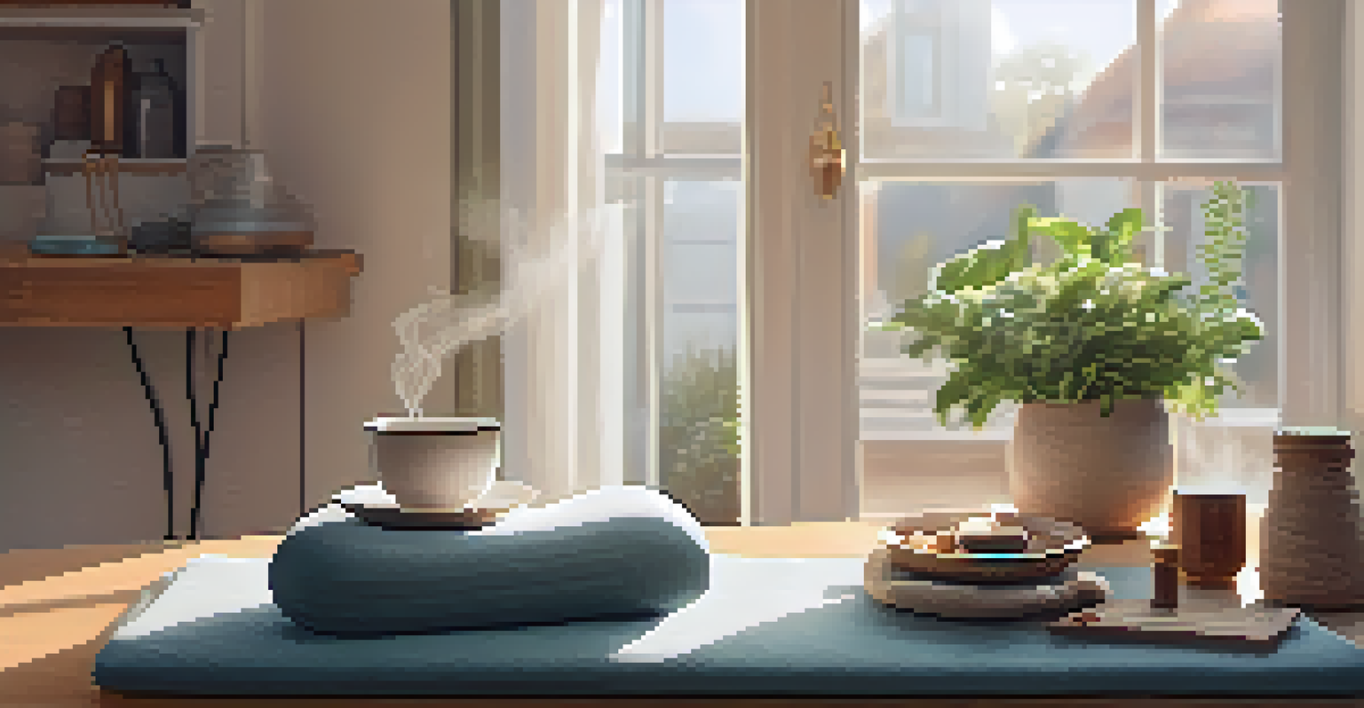 A cozy corner with a yoga mat, cushions, and a cup of herbal tea by a sunlit window, creating a nurturing self-care space.