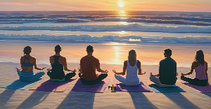 A group of people practicing Downward Dog yoga pose on a beach at sunrise, with pastel-colored sky and gentle waves.
