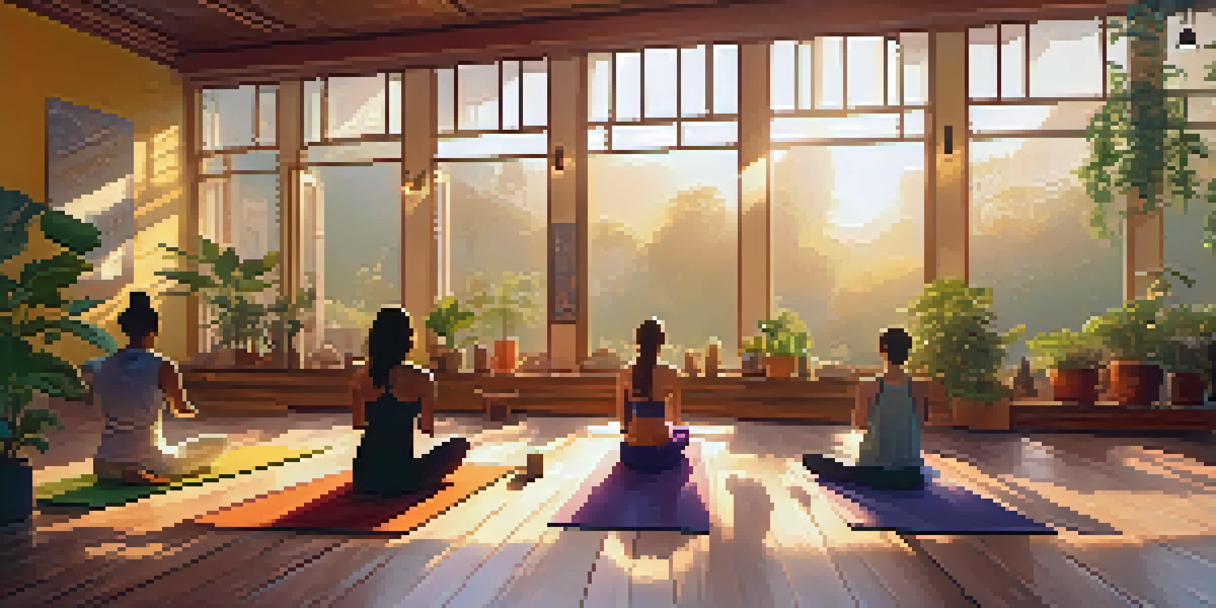 A diverse group of individuals practicing yoga in a bright and serene studio with nature-inspired decor and warm sunlight streaming in.