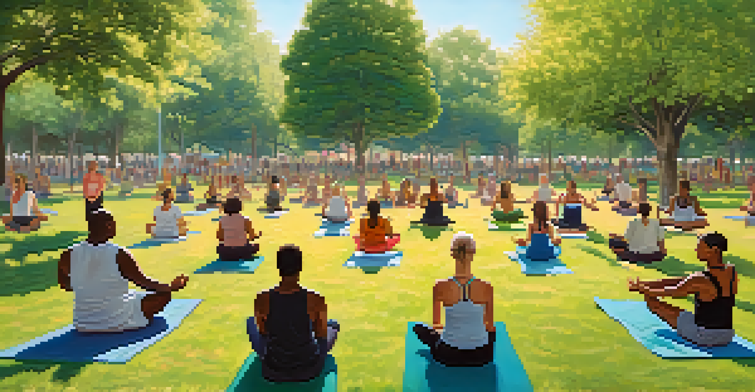 A group of people practicing yoga outdoors in a park, surrounded by greenery and blue skies.