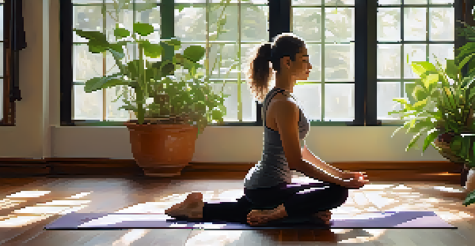 A yoga practitioner transitioning between poses in a bright studio with large windows and indoor plants.