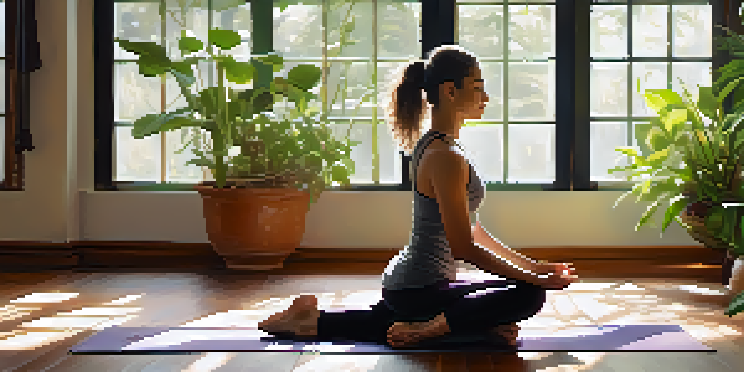 A yoga practitioner transitioning between poses in a bright studio with large windows and indoor plants.