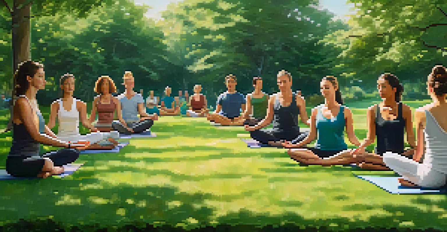 A group of people practicing restorative yoga in a peaceful park, surrounded by greenery, creating a feeling of community and calm.