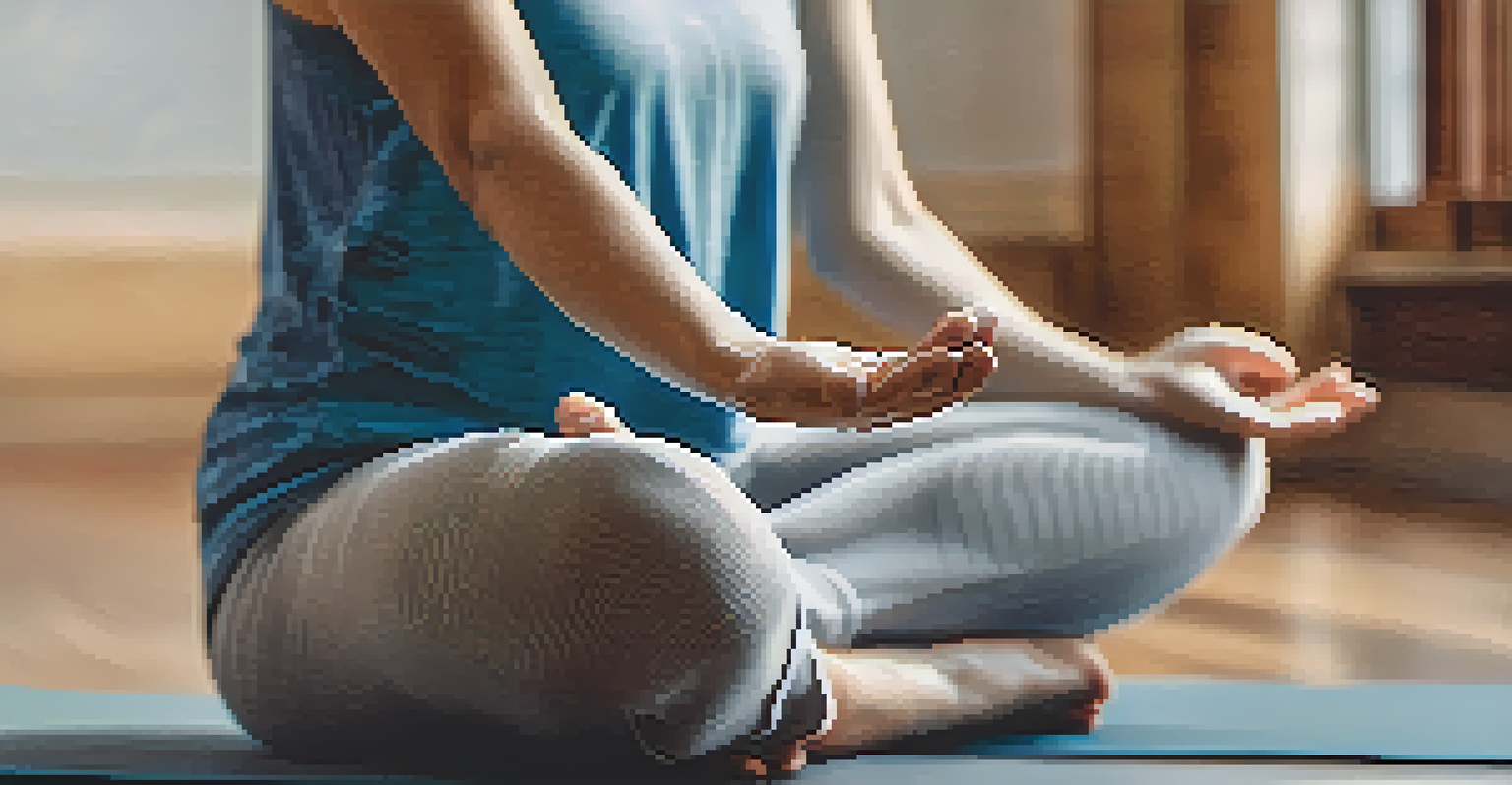 A close-up of a person practicing deep breathing in yoga, with a calm expression and a blurred background.