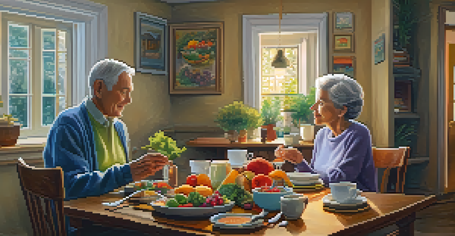 An elderly couple enjoying a mindful meal together in a cozy living room filled with soft lighting.
