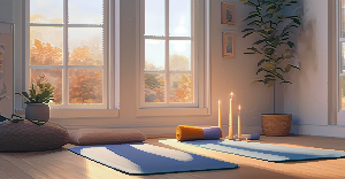 A calming home yoga space with soft lighting, a yoga mat, and supportive props arranged invitingly.