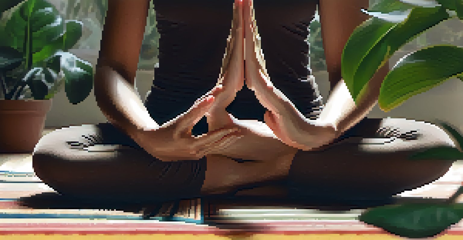 A close-up of hands in a mudra gesture, symbolizing mindfulness, with blurred yoga mats in the background.