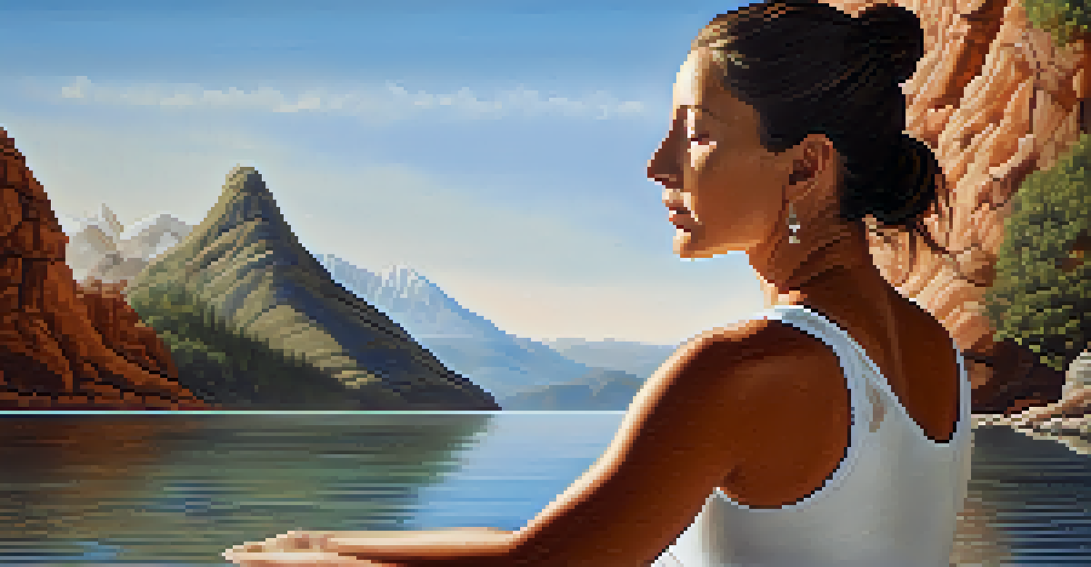 A yoga practitioner in a grounding pose surrounded by nature, with earth tones and a clear sky, symbolizing stability.