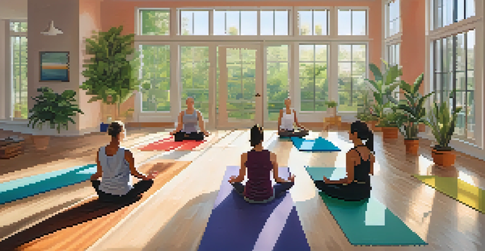 A diverse group of individuals practicing yoga in a bright, serene studio with plants and calming artwork.