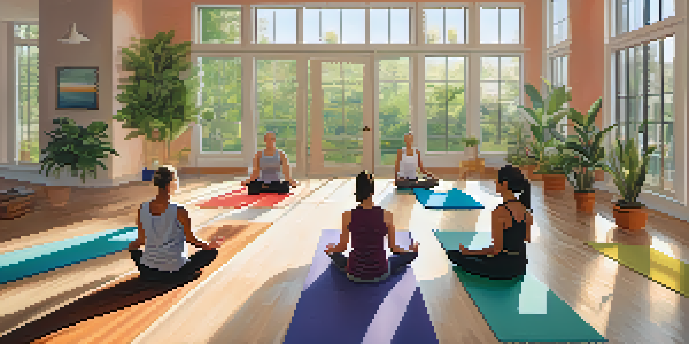 A diverse group of individuals practicing yoga in a bright, serene studio with plants and calming artwork.