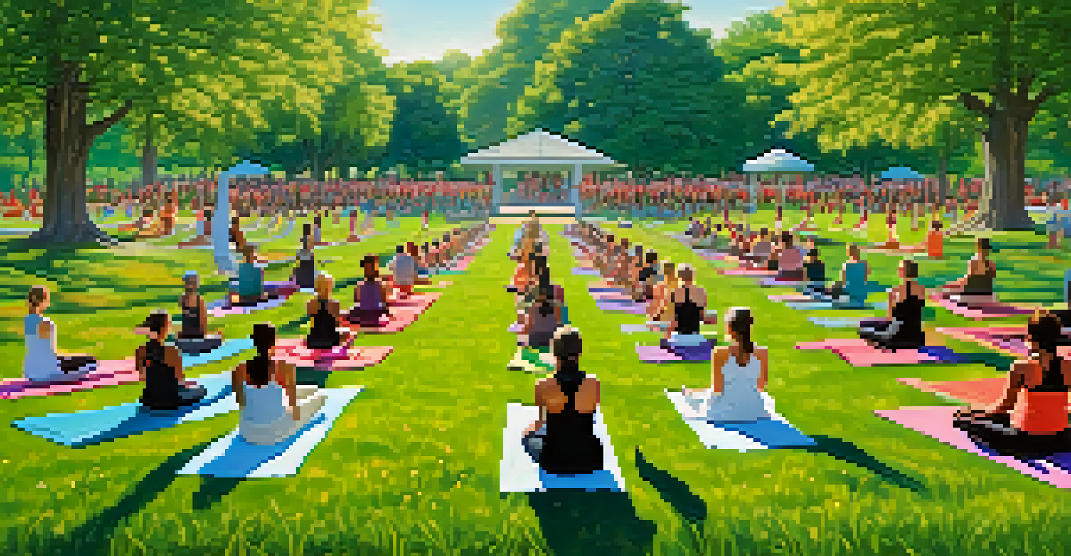 Women practicing Warrior II yoga pose in a sunny outdoor setting with trees and a blue sky.