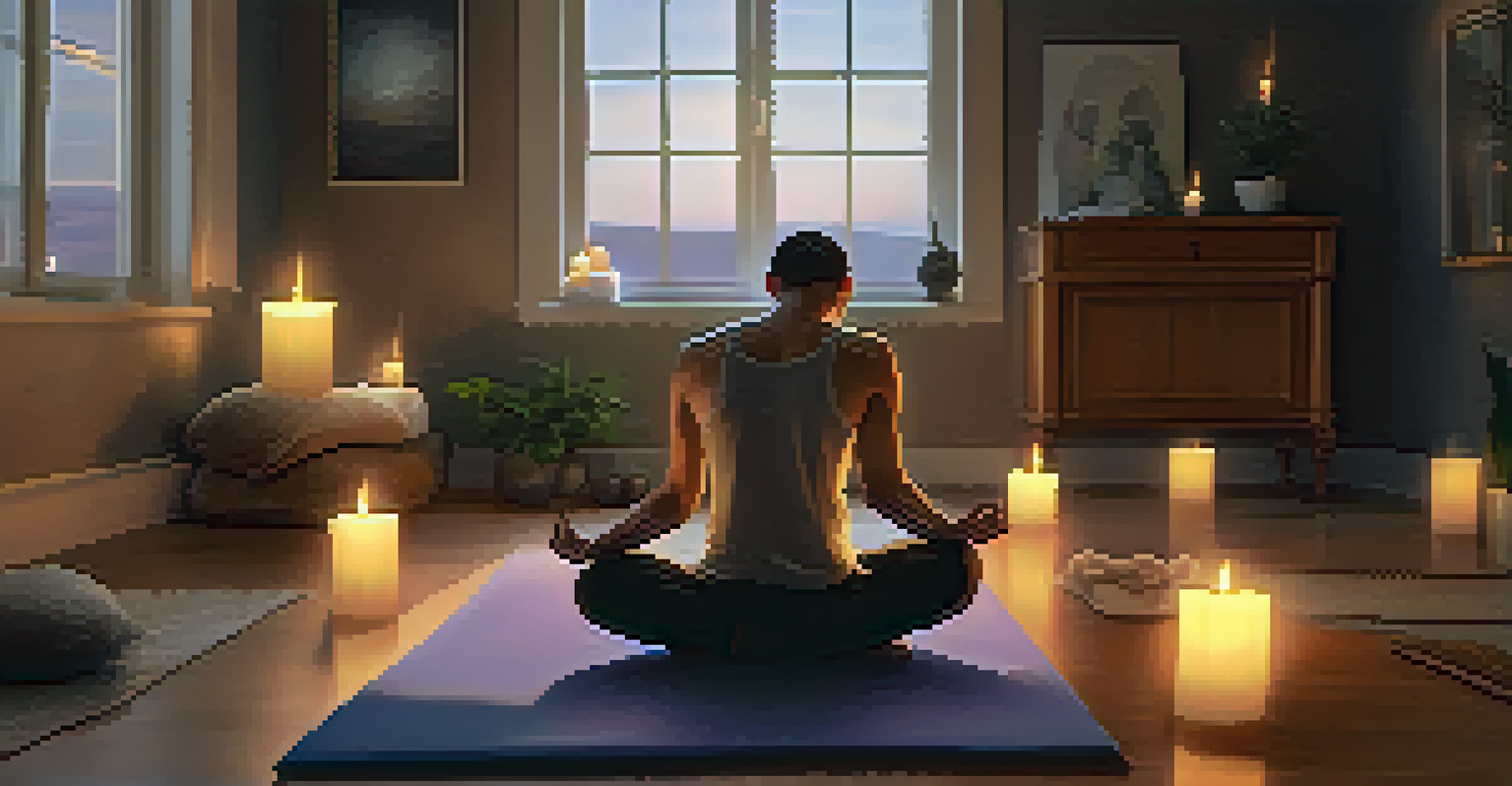 A man in Child's Pose in a cozy indoor setting with candles and cushions.