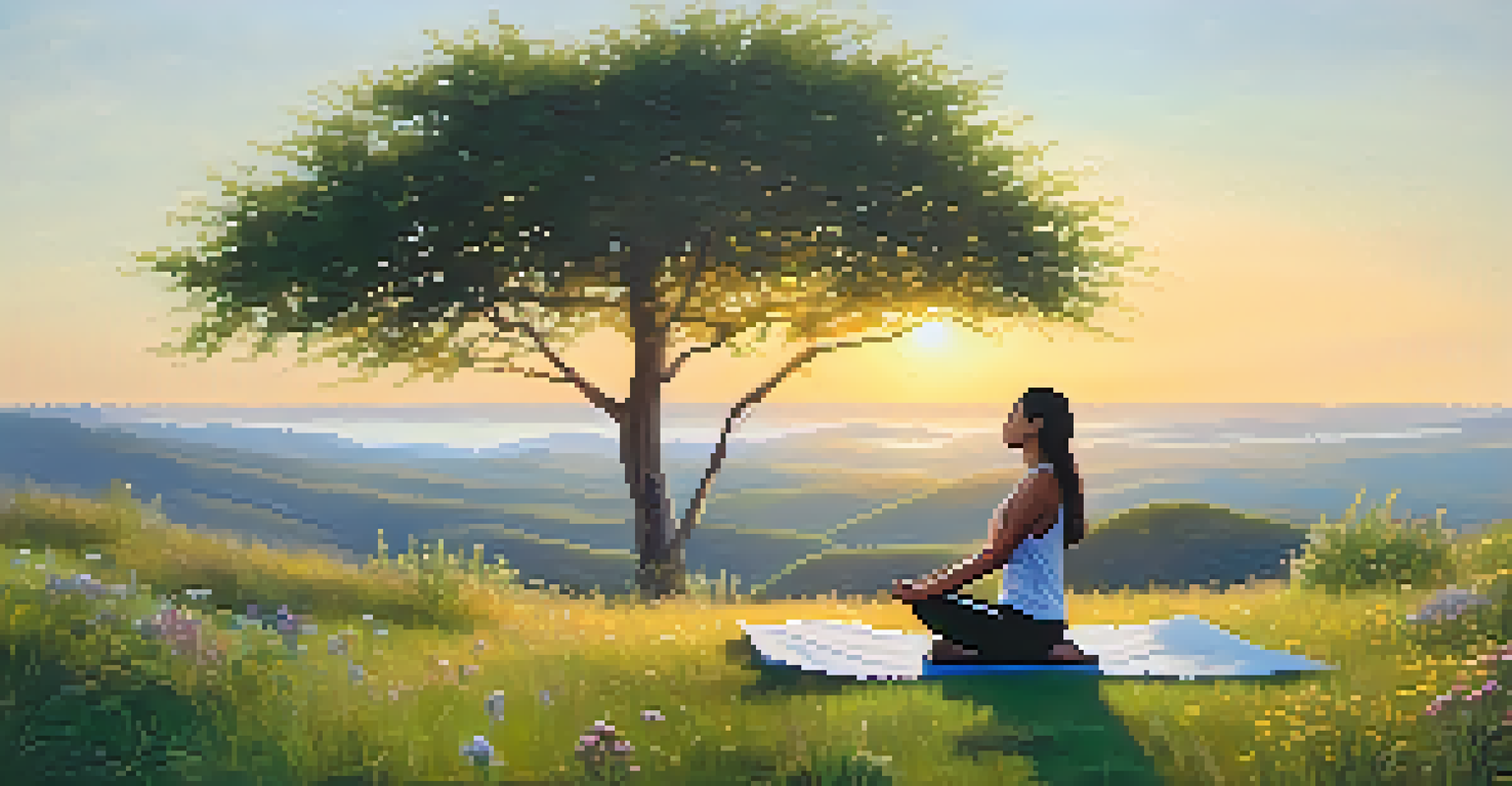 A person practicing Yin Yoga on a hilltop at sunrise, surrounded by wildflowers and greenery, radiating a sense of calm and mindfulness.