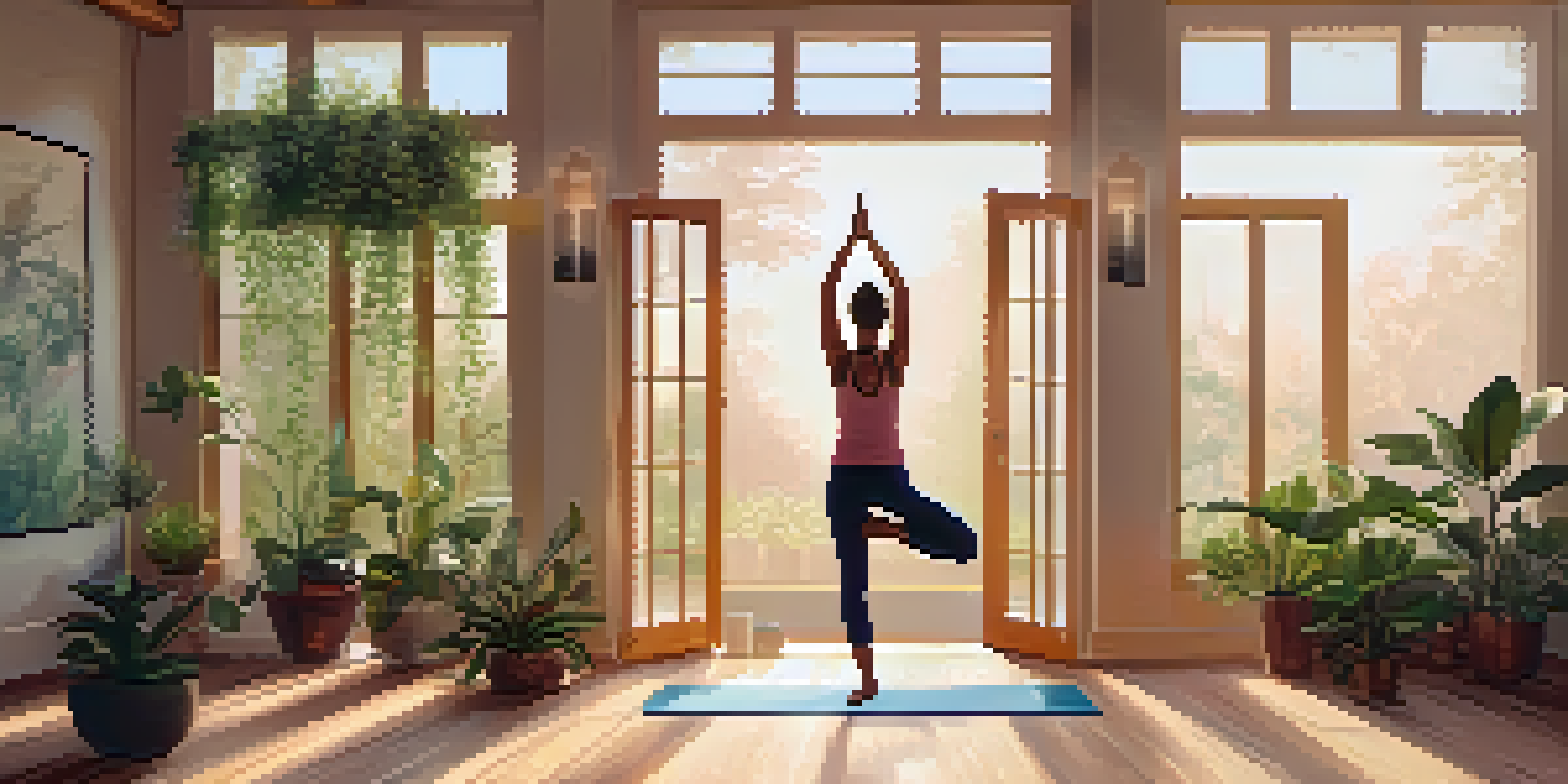 A person practicing Tree Pose in a bright yoga studio with large windows and indoor plants, bathed in warm sunlight.