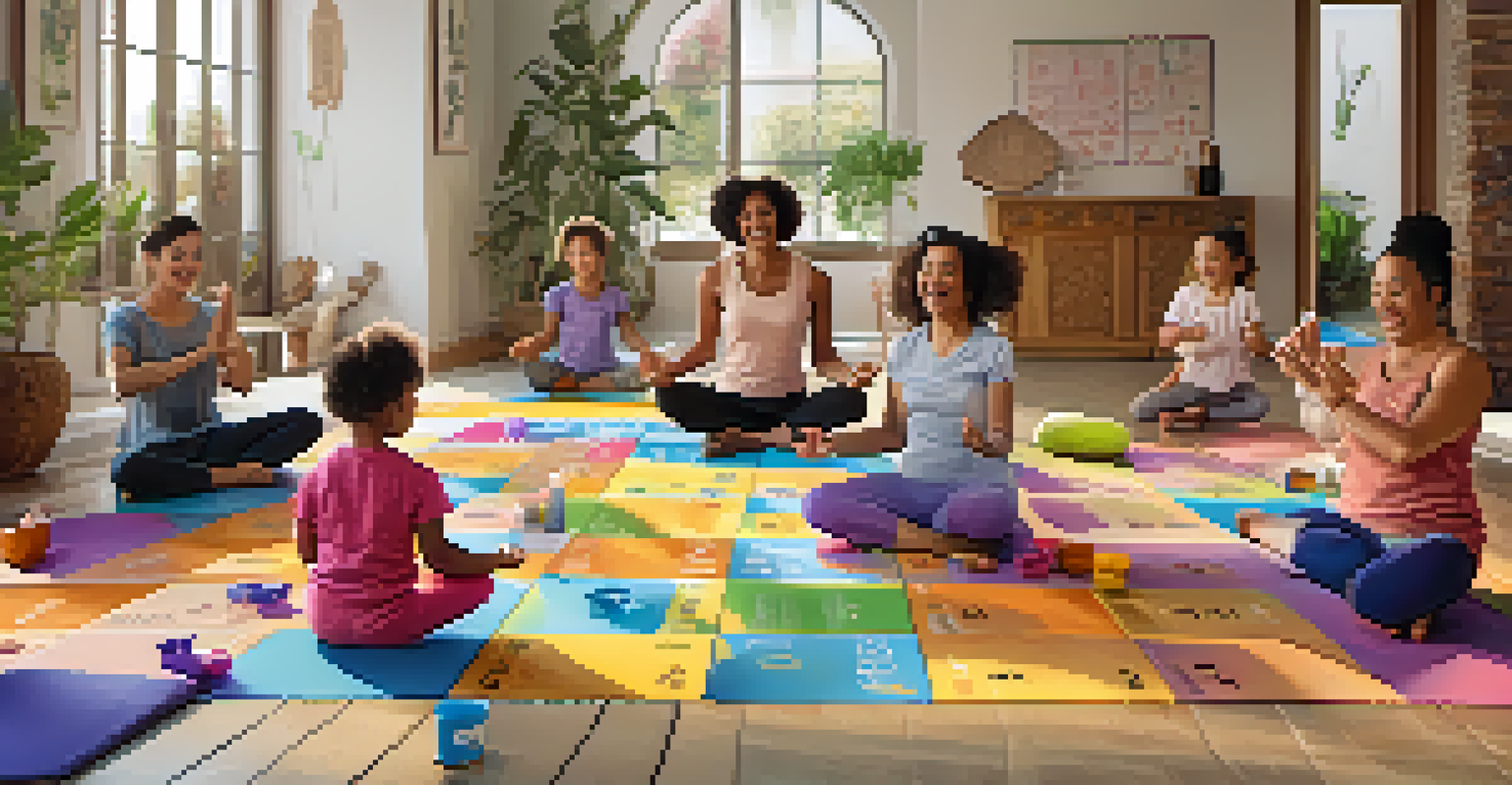 A lively family yoga session where members are playing Yoga Bingo, smiling and trying different poses.