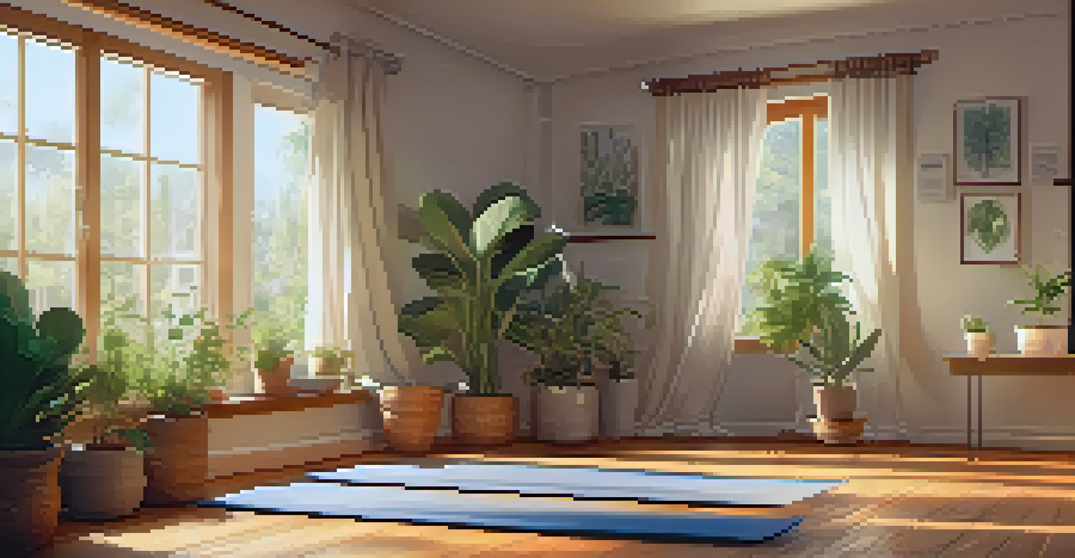A person meditating on a yoga mat indoors with plants and candles, creating a peaceful atmosphere.