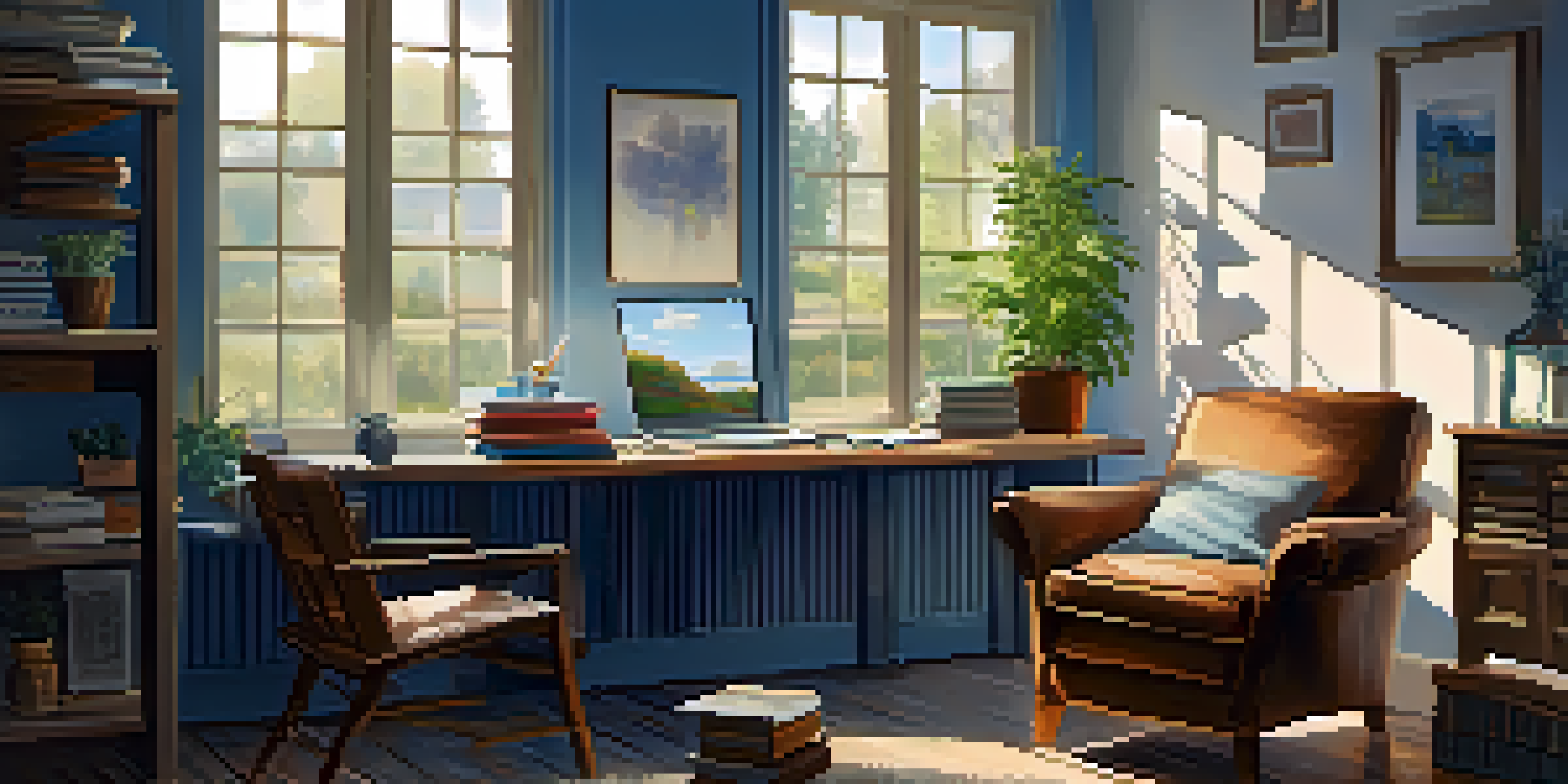 A person sitting in a cozy home office, practicing mindful breathing with eyes closed, surrounded by soft sunlight and plants.