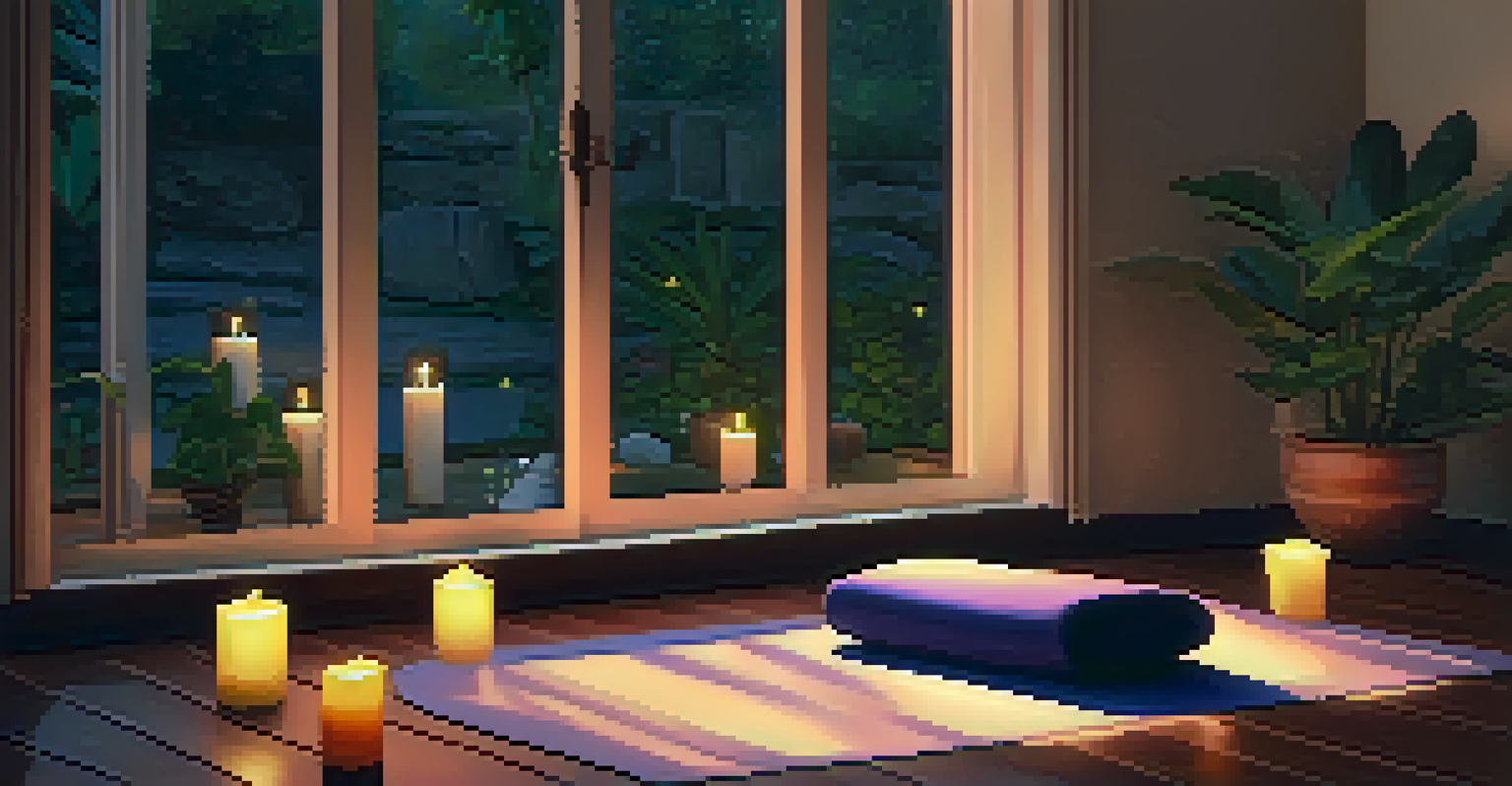 An inviting yoga space with a mat, cushion, candles, and essential oils. Dim lighting and a view of a lush garden create a tranquil atmosphere.