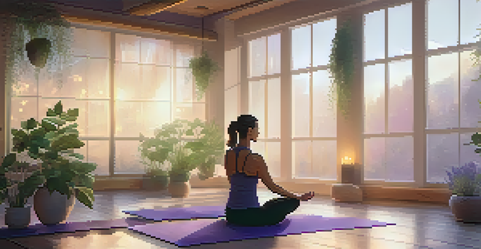 A peaceful yoga studio with a person practicing restorative yoga, surrounded by plants and candles, with a diffuser releasing lavender mist.
