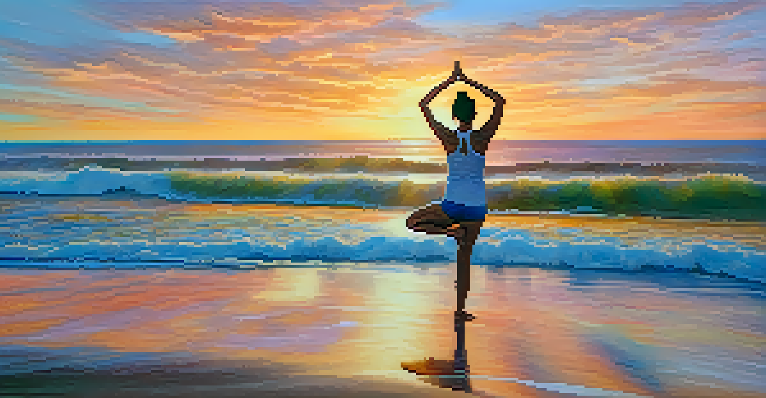 A young woman practicing yoga on a beach during a colorful sunset, with waves in the background.