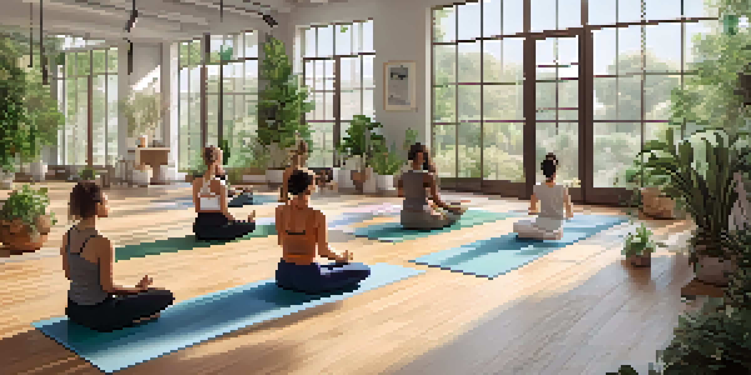 A diverse group of people practicing yoga in a bright studio with large windows and natural light. The room is decorated with plants and soft-colored yoga mats.