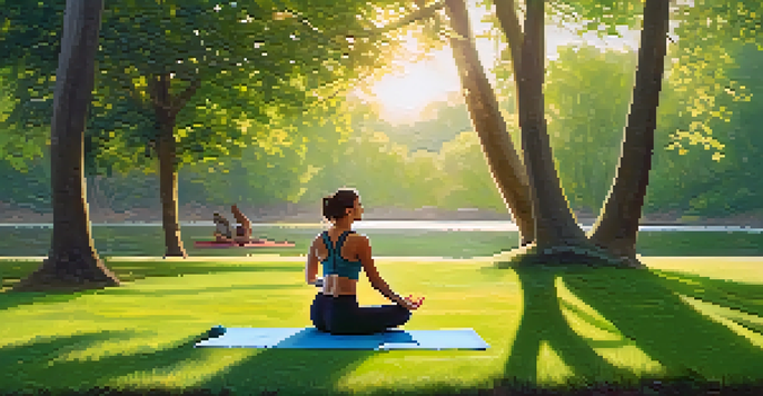 A person practicing yoga in a park during the morning, surrounded by greenery and sunlight filtering through the trees.