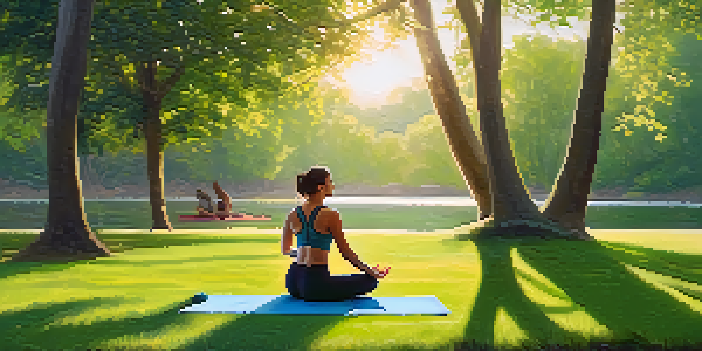A person practicing yoga in a park during the morning, surrounded by greenery and sunlight filtering through the trees.